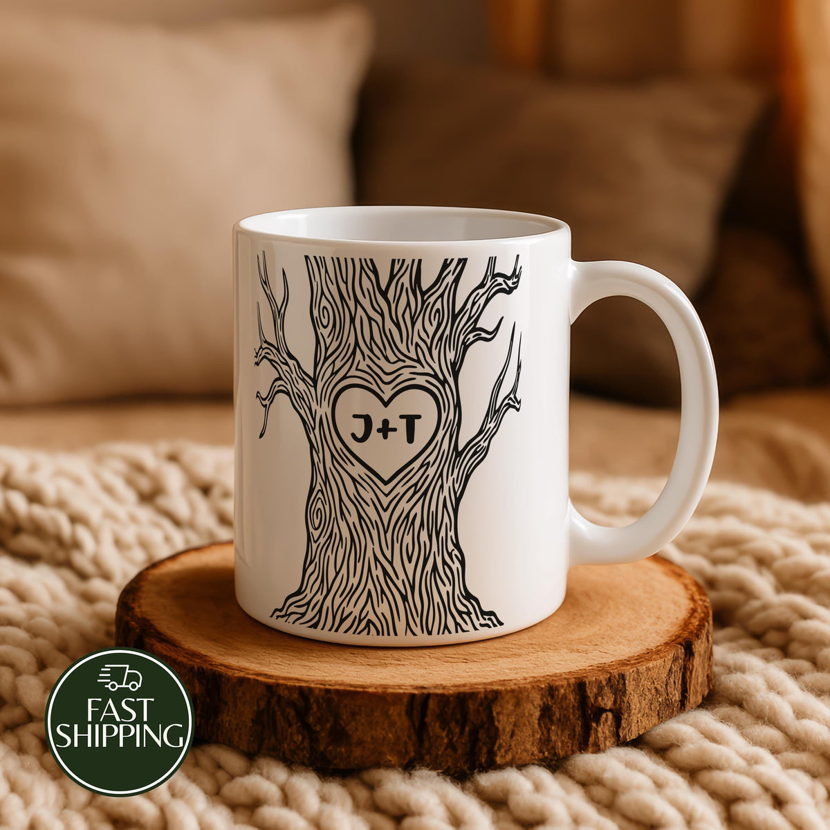 Custom Heart Tree Initials Coffee Mug, Newlyweds Matching Ceramic Cup