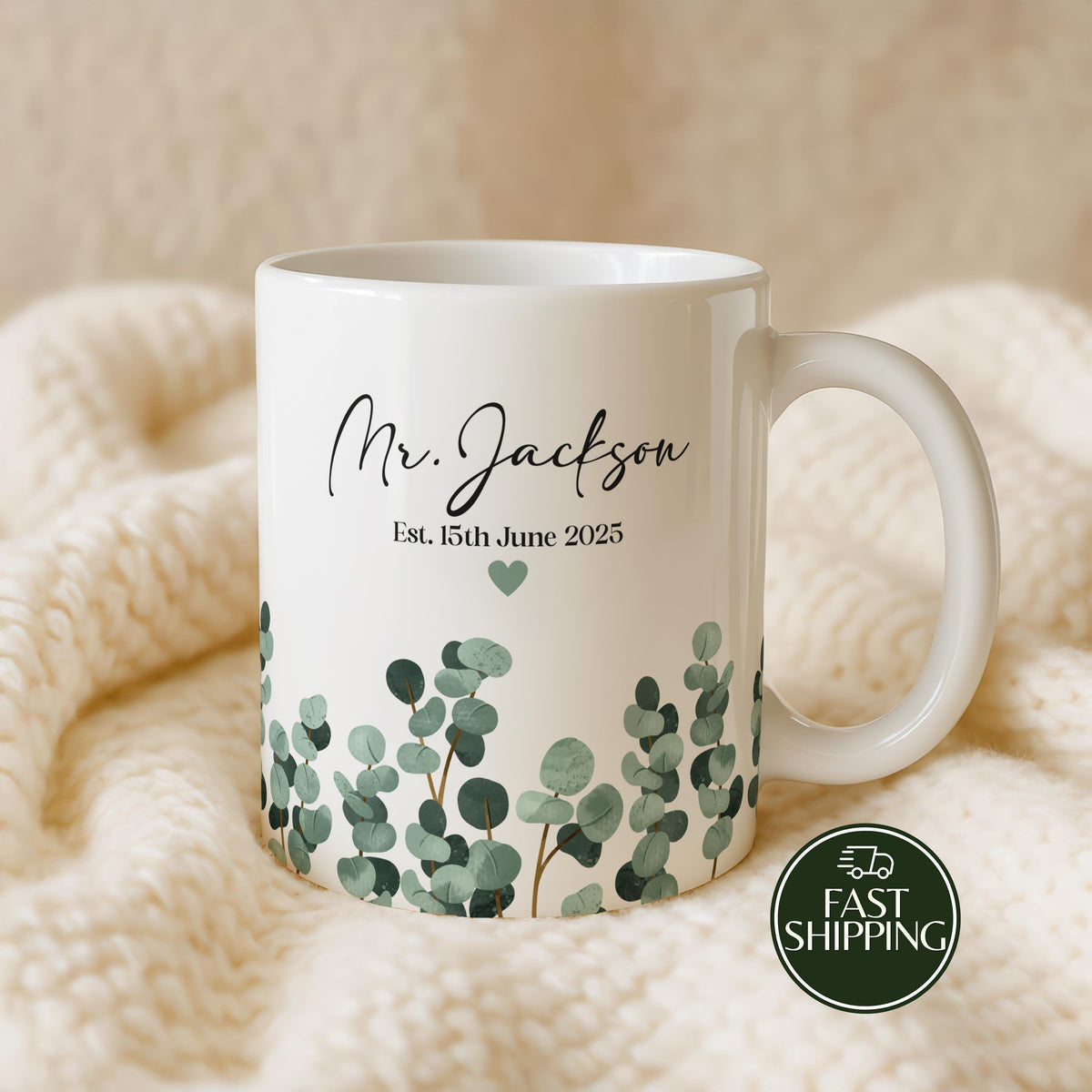 Custom Name & Date Anniversary Ceramic Cup, Eucalyptus Leaves Coffee Mug, Boho Wedding Est Gift