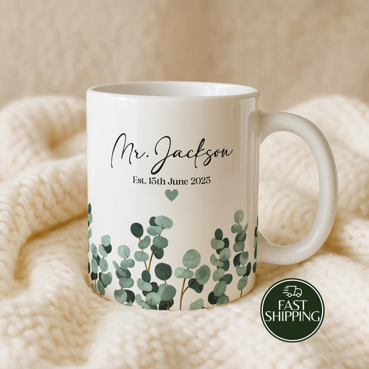 Custom Name & Date Anniversary Ceramic Cup, Eucalyptus Leaves Coffee Mug, Boho Wedding Est Gift