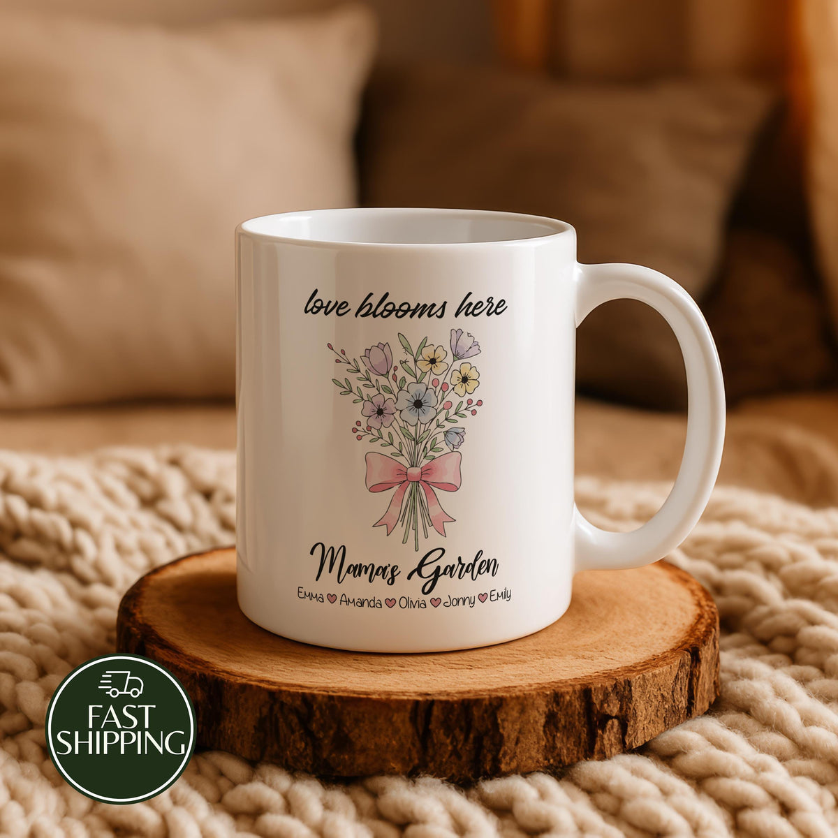 Personalized Mamas Garden Coffee Mug, Wildflower Bouquet Love Blooms Here Mug