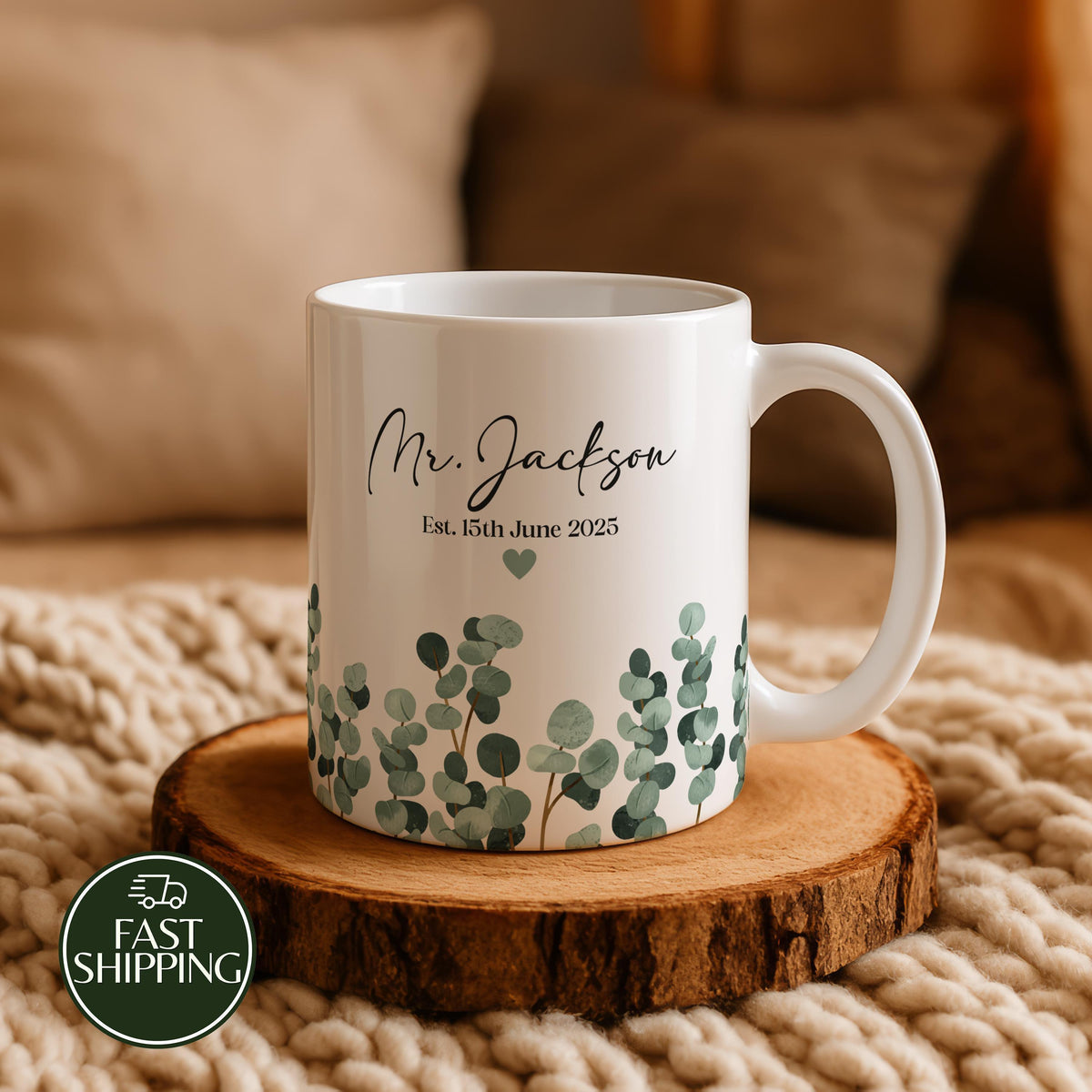 Custom Name & Date Anniversary Ceramic Cup, Eucalyptus Leaves Coffee Mug, Boho Wedding Est Gift