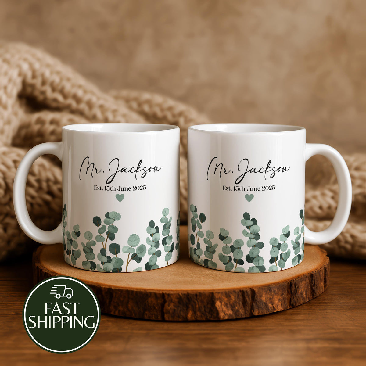 Custom Name & Date Anniversary Ceramic Cup, Eucalyptus Leaves Coffee Mug, Boho Wedding Est Gift