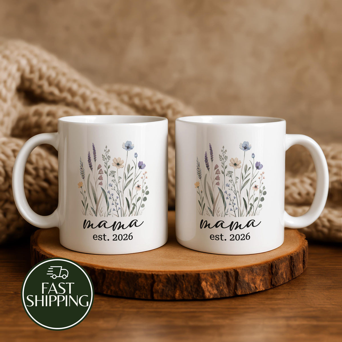 Custom Established Date Mama Coffee Mug, Wildflower Meadow Ceramic Cup