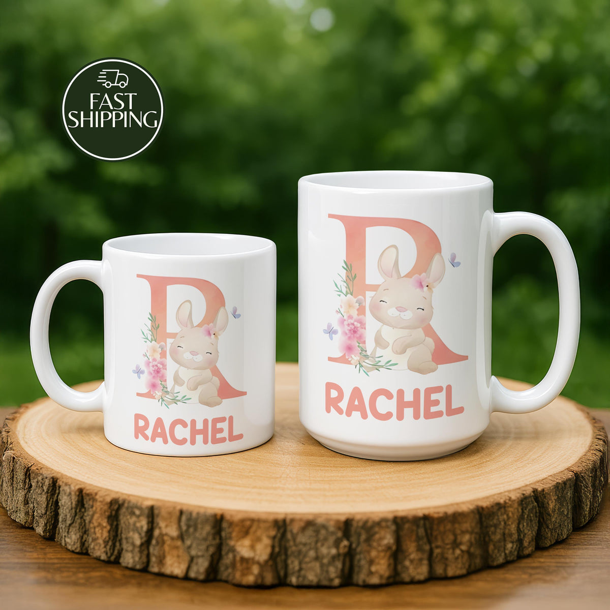 Custom Name & Initial Easter Coffee Mug, Personalized Cute Bunny Design Ceramic Cup