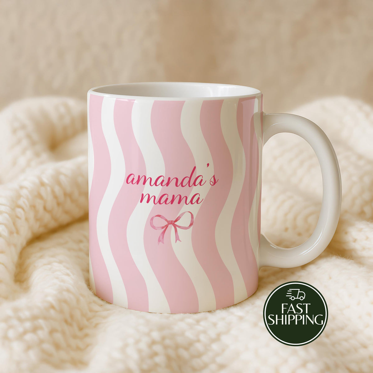 Custom Name Striped Mama Ceramic Mug, Personalized Mom Coffee Cup with Ribbon