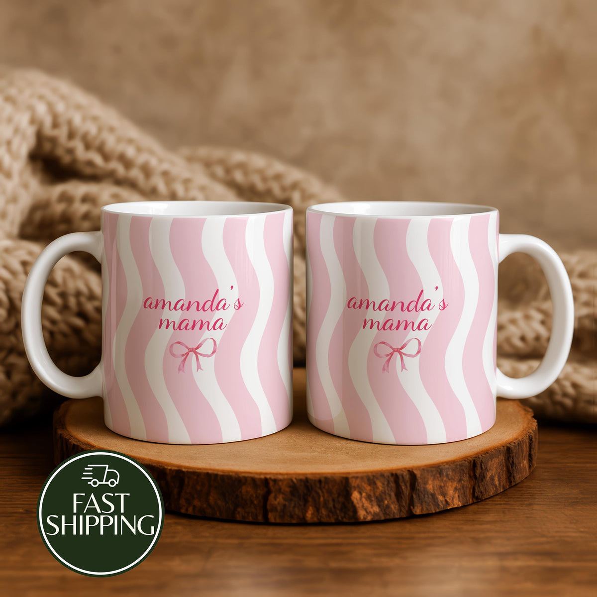 Custom Name Striped Mama Ceramic Mug, Personalized Mom Coffee Cup with Ribbon
