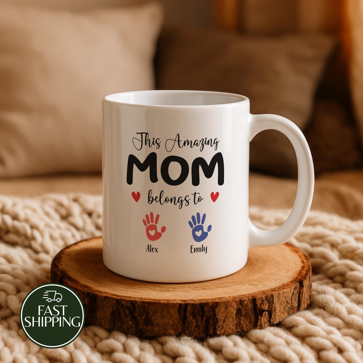 Custom Name This Amazing Mom Belongs To Mug, Colorful Kids Handprints Design Coffee Cup