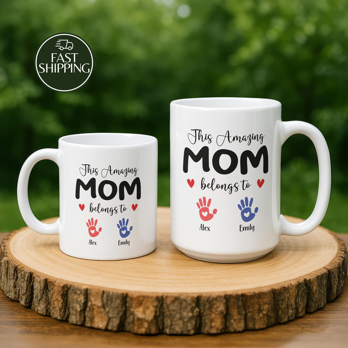 Custom Name This Amazing Mom Belongs To Mug, Colorful Kids Handprints Design Coffee Cup