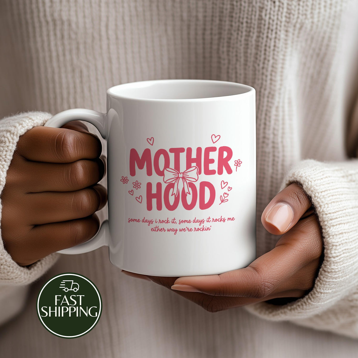 Funny Motherhood Quote Coffee Mug, Cute Pink Coquette Style Mama Cup