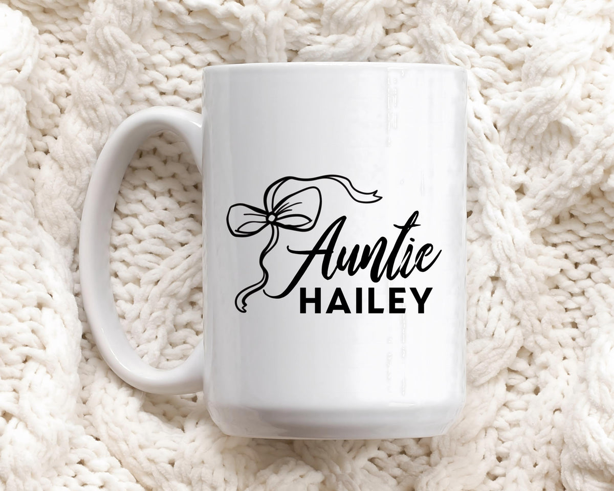 Custom Name Auntie Coffee Mug, Pregnancy Reveal Gift For Sister, New Aunt Gift Ceramic Tea Cup