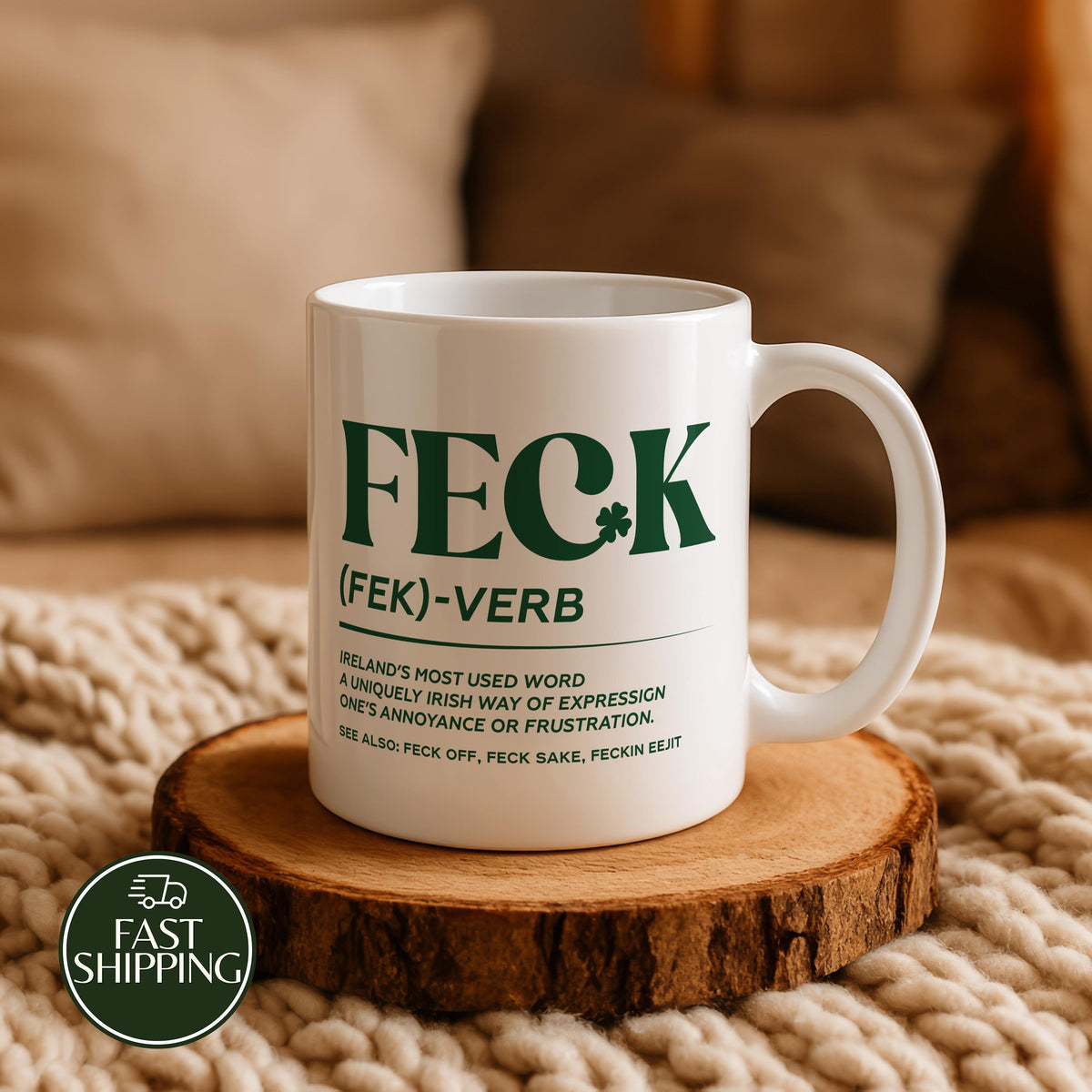Feck Verb Definition Coffee Mug, Funny Irish Saying Ceramic Cup, Lucky Shamrock Clover Mug