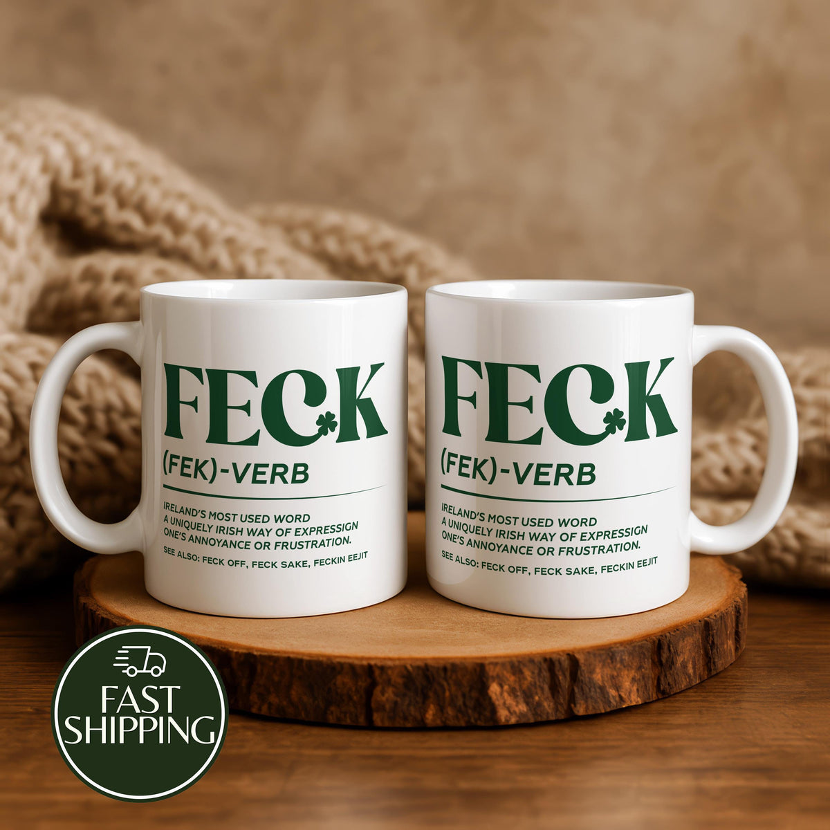 Feck Verb Definition Coffee Mug, Funny Irish Saying Ceramic Cup, Lucky Shamrock Clover Mug