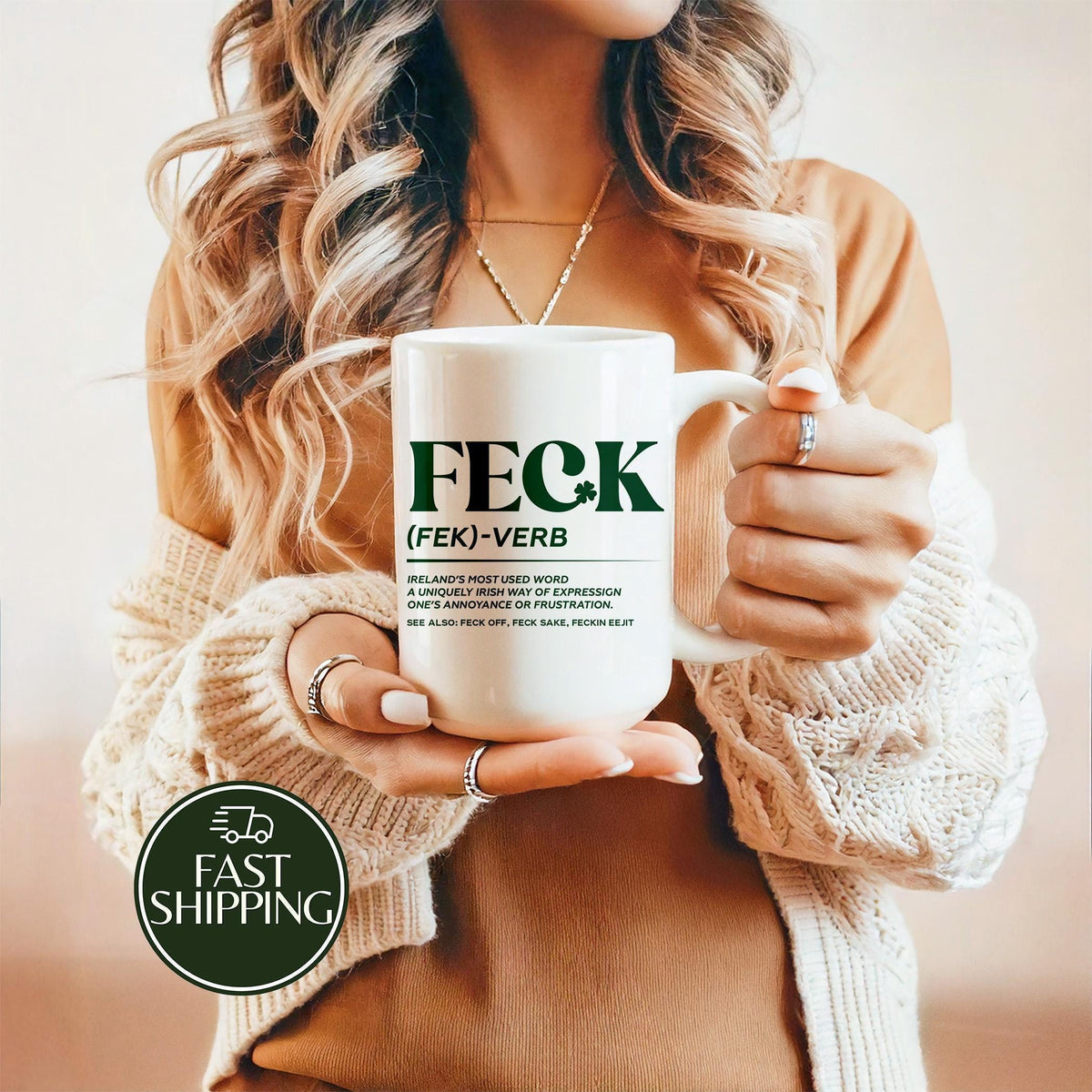 Feck Verb Definition Coffee Mug, Funny Irish Saying Ceramic Cup, Lucky Shamrock Clover Mug