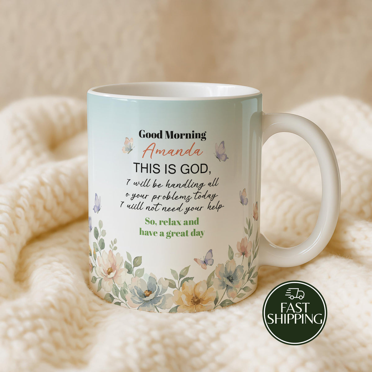 Custom Name Inspirational God Quote Coffee Mug, Motivational Religious Floral Ceramic Cup