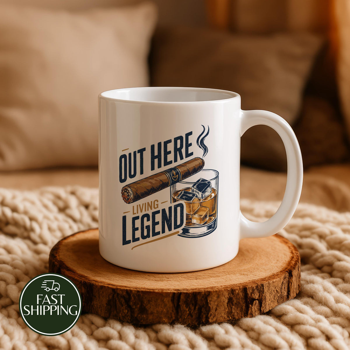 Out Here Living Legend Coffee Mug, Cigar and Whiskey Design Ceramic Cup