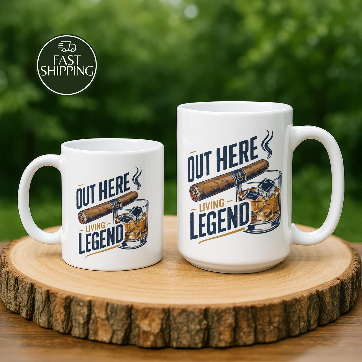 Out Here Living Legend Coffee Mug, Cigar and Whiskey Design Ceramic Cup