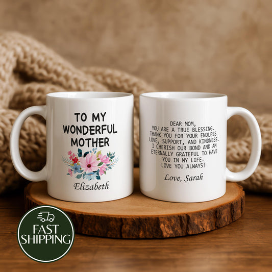 Personalized Letter to Mom Coffee Mug, To My Wonderful Mother Ceramic Cup