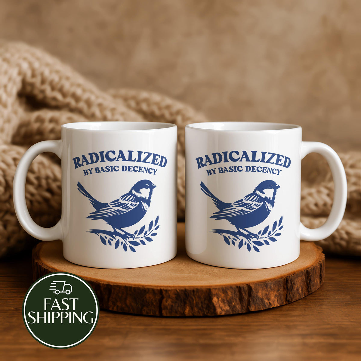 Radicalized by Basic Decency Coffee Mug, Democrat Ceramic Cup with Sparrow Illustration