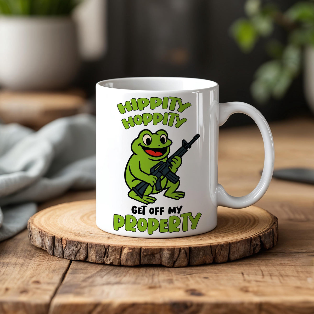Hippity Hoppity Get Off My Property Mug, Funny Armed Frog Coffee Cup