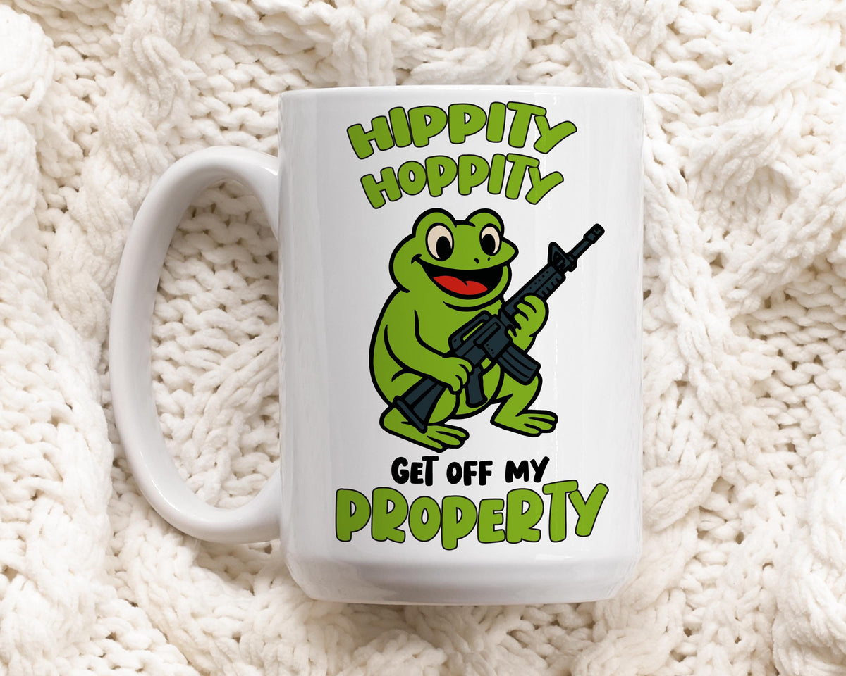 Hippity Hoppity Get Off My Property Mug, Funny Armed Frog Coffee Cup