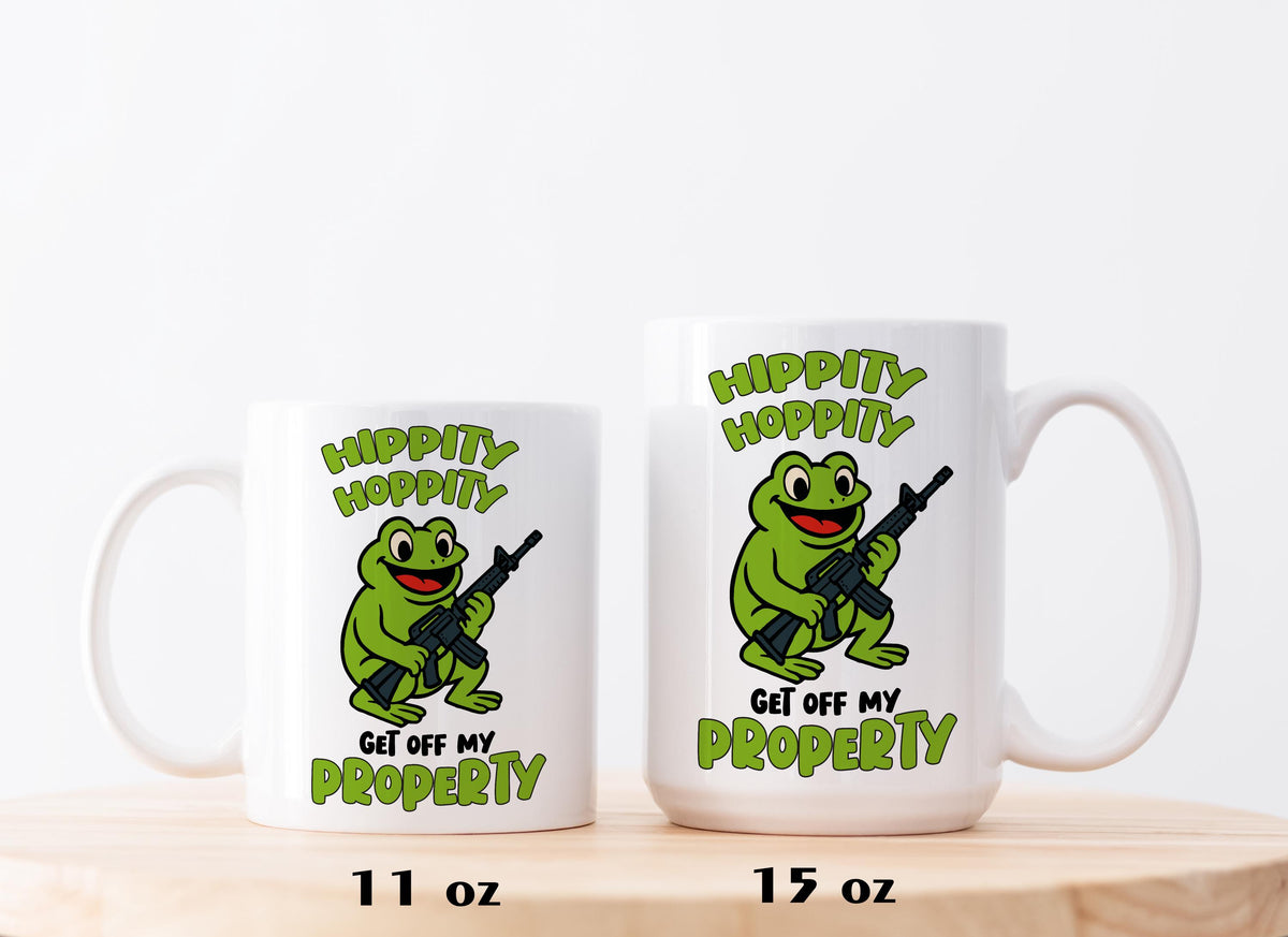Hippity Hoppity Get Off My Property Mug, Funny Armed Frog Coffee Cup