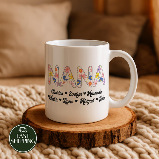 Personalized Nana Mug With Grandkids Names, Custom Floral Nana Coffee Cup