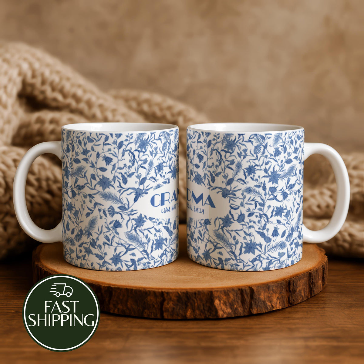 Toile de Jouy Pattern Grandmother Coffee Mug, Personalized Blue Floral Cup with Grandkids Names
