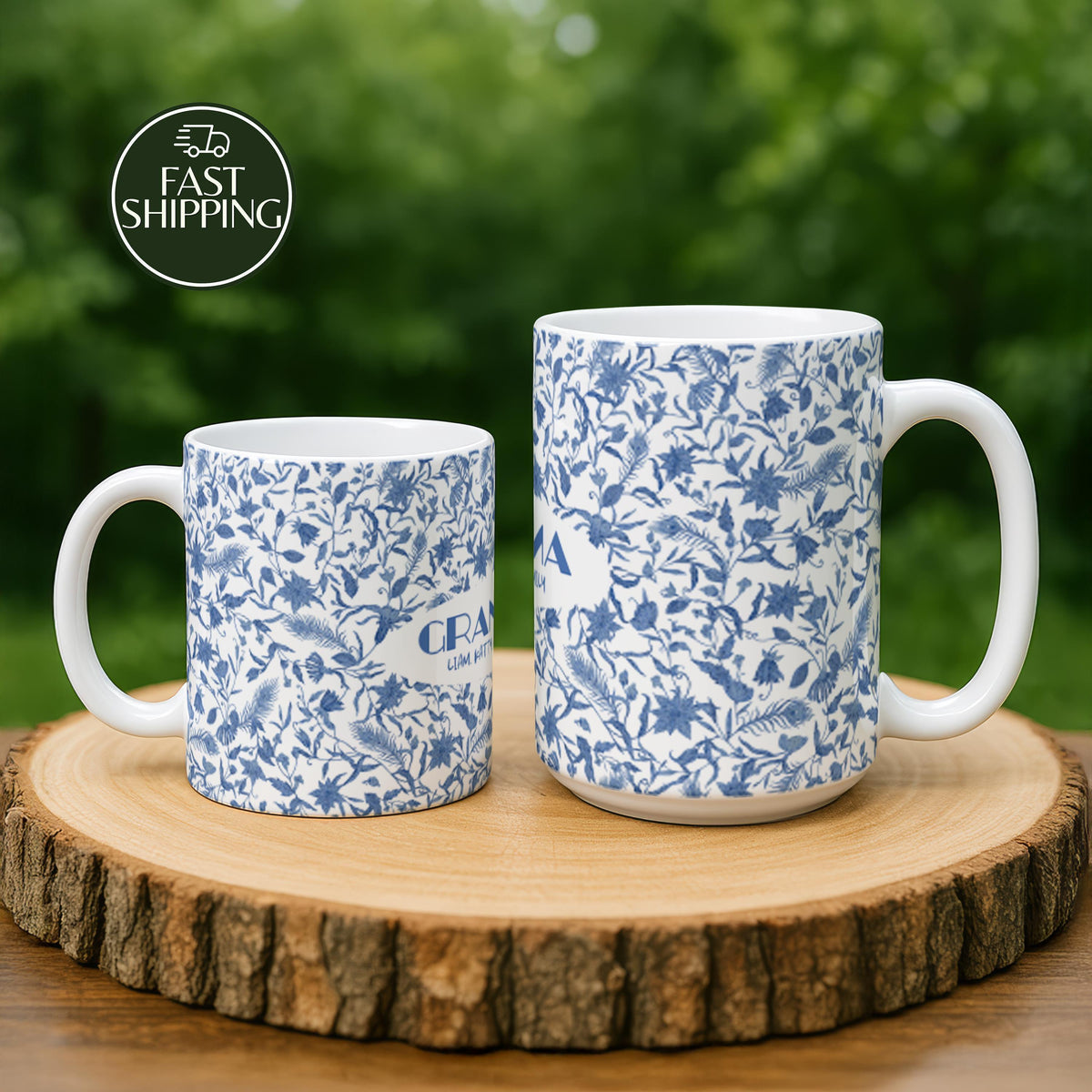 Toile de Jouy Pattern Grandmother Coffee Mug, Personalized Blue Floral Cup with Grandkids Names