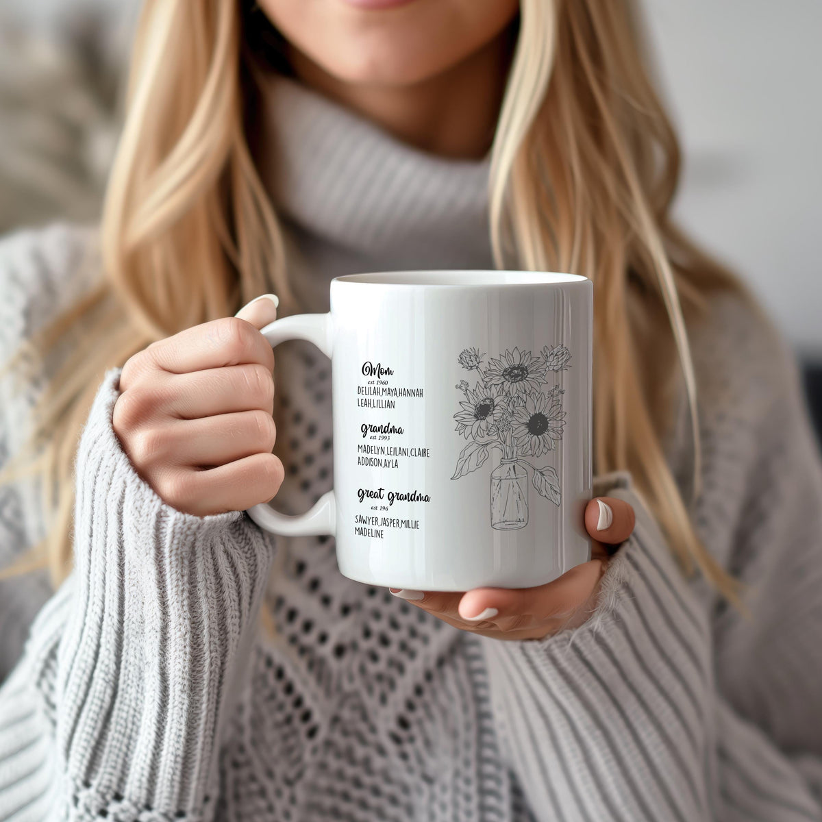 Customizable Great Grandma Ceramic Tea Cup, Sunflower Theme Generations Mug, Floral Coffee Mug