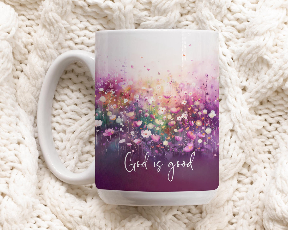 God Is Good Floral Tea Mug, Inspirational Coffee Mug, Watercolor Wildflower Christian Gift