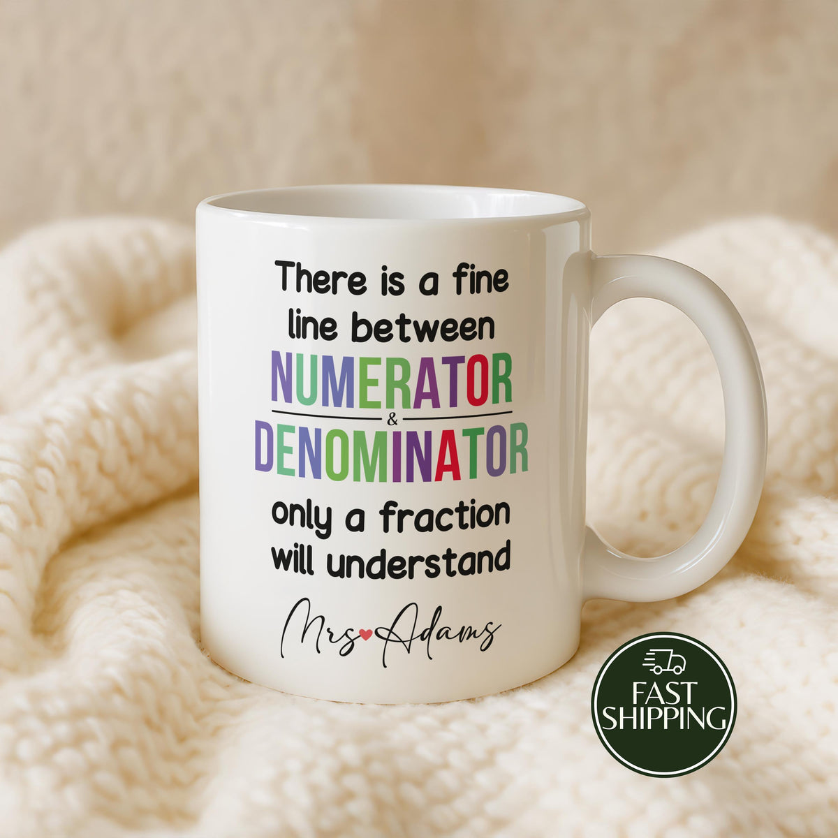 Custom Name Math Teacher Cup, Numerator And Denominator Coffee Mug