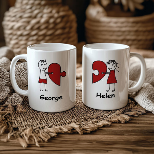 Personalized Hearth Puzzle Coffee Mug, Custom Name Matching Couple Mug, Romantic Ceramic Cup