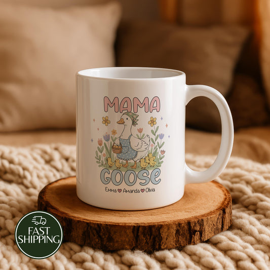 Personalized Mama Goose Coffee Mug, Cottage Core Silly Goose Ceramic Cup For Mom