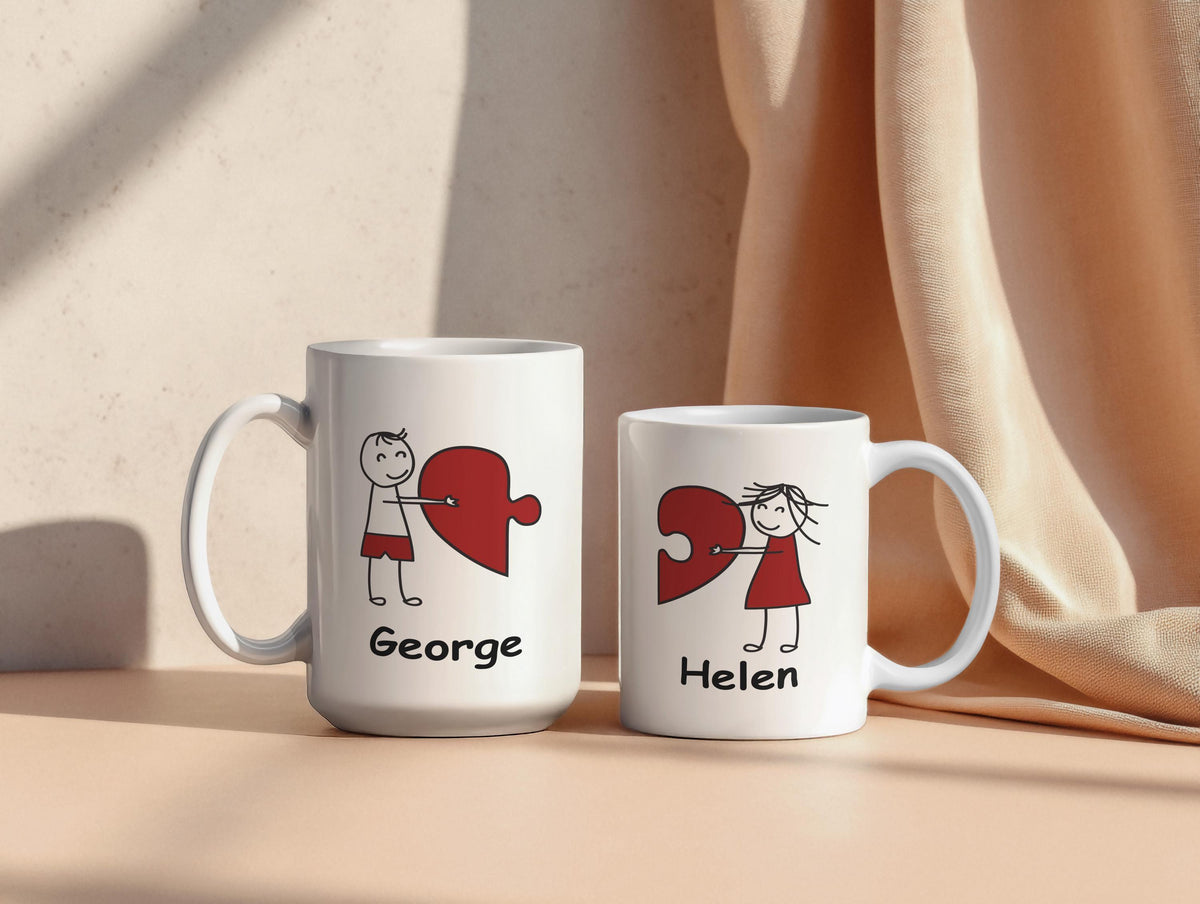 Personalized Hearth Puzzle Coffee Mug, Custom Name Matching Couple Mug, Romantic Ceramic Cup