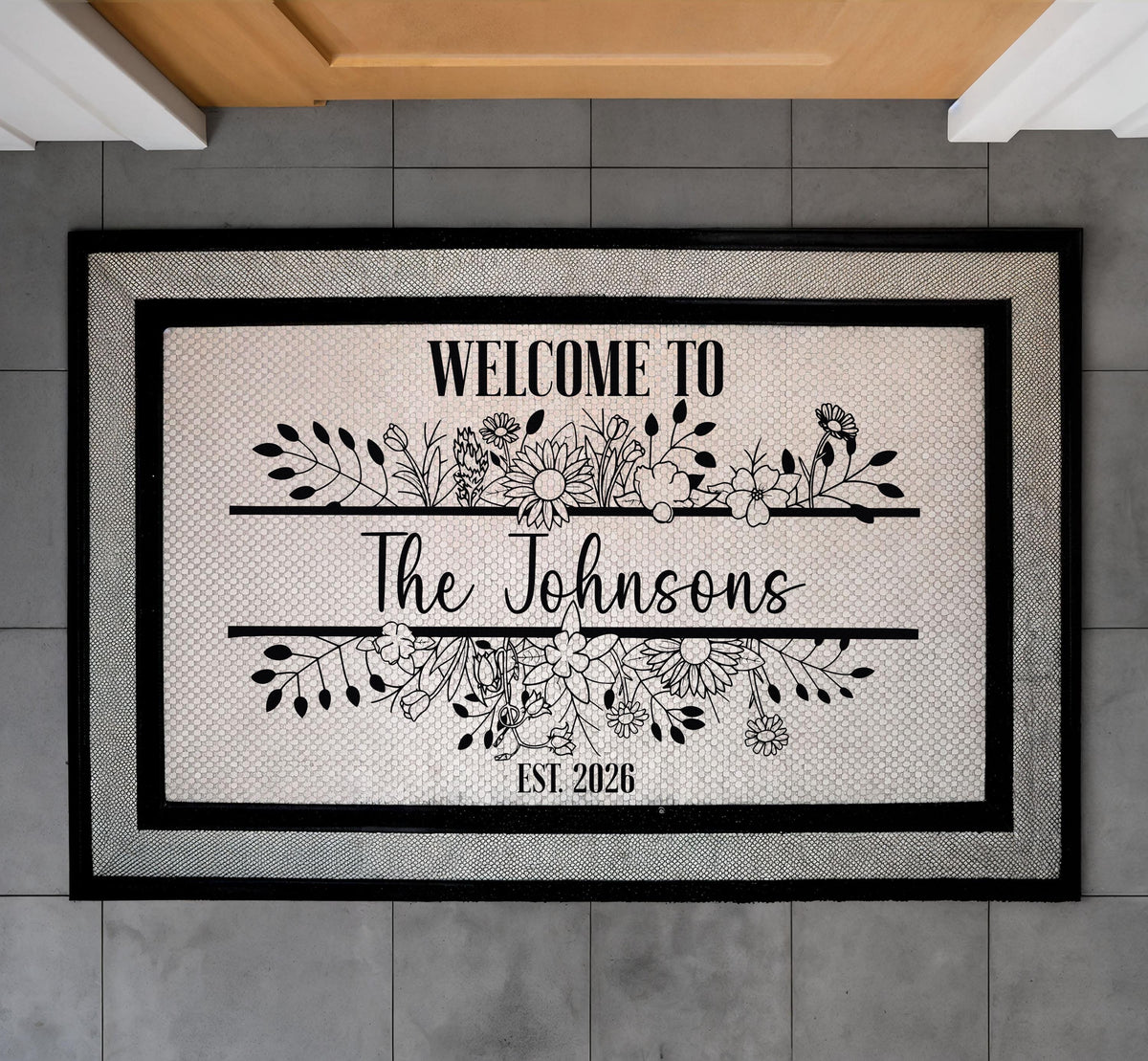 Custom Floral Family Name Doormat, Line Art Welcome Mat, Elegant Housewarming Gift