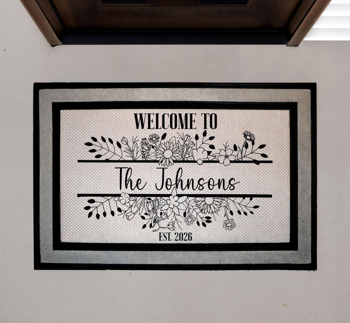 Custom Floral Family Name Doormat, Line Art Welcome Mat, Elegant Housewarming Gift