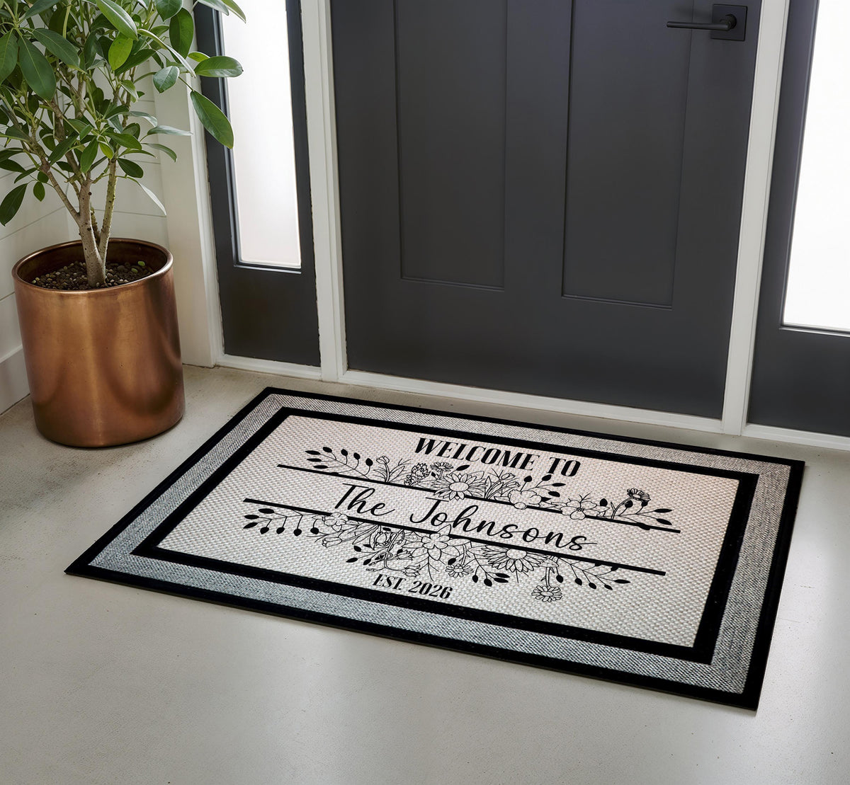 Custom Floral Family Name Doormat, Line Art Welcome Mat, Elegant Housewarming Gift