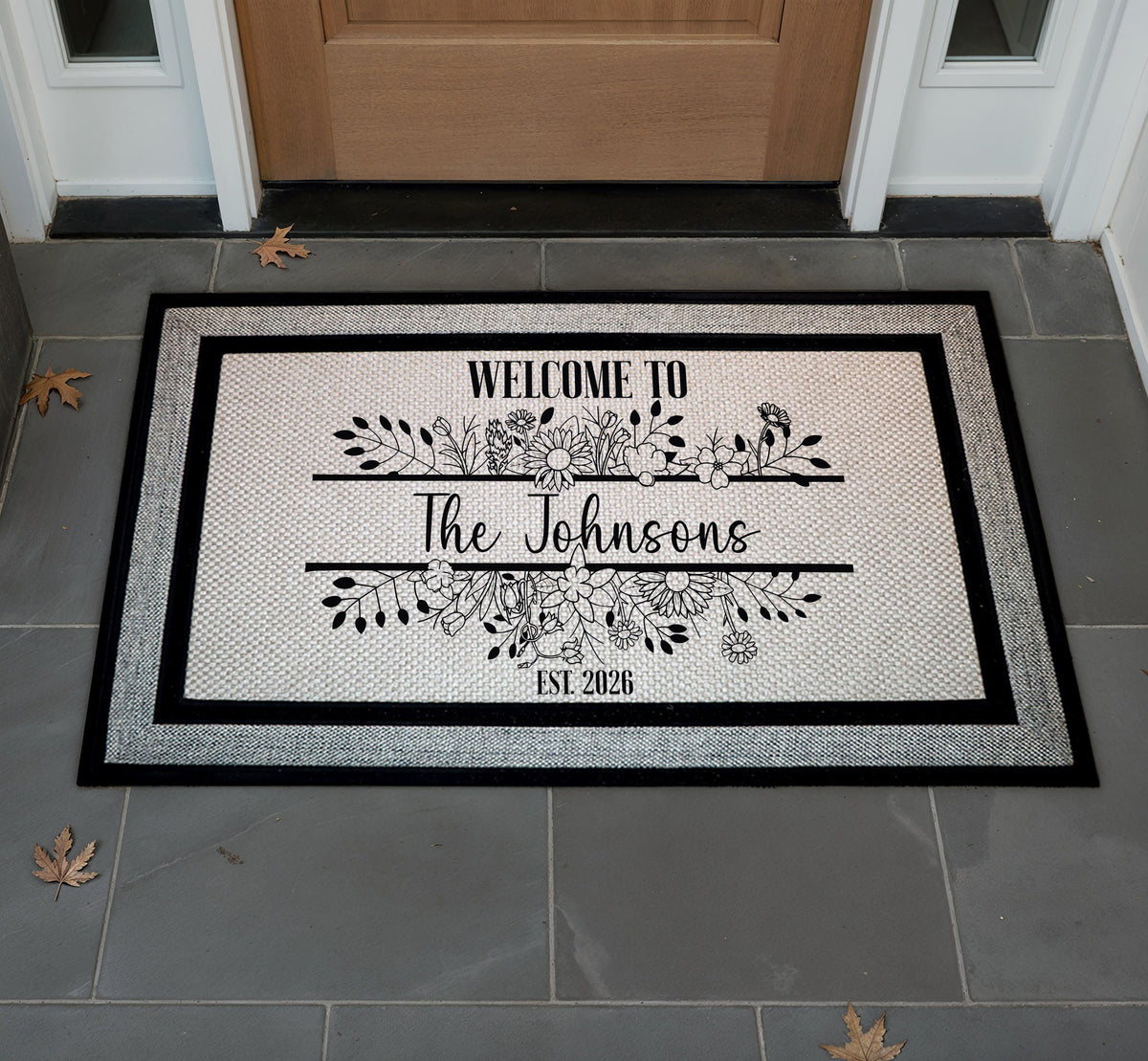 Custom Floral Family Name Doormat, Line Art Welcome Mat, Elegant Housewarming Gift