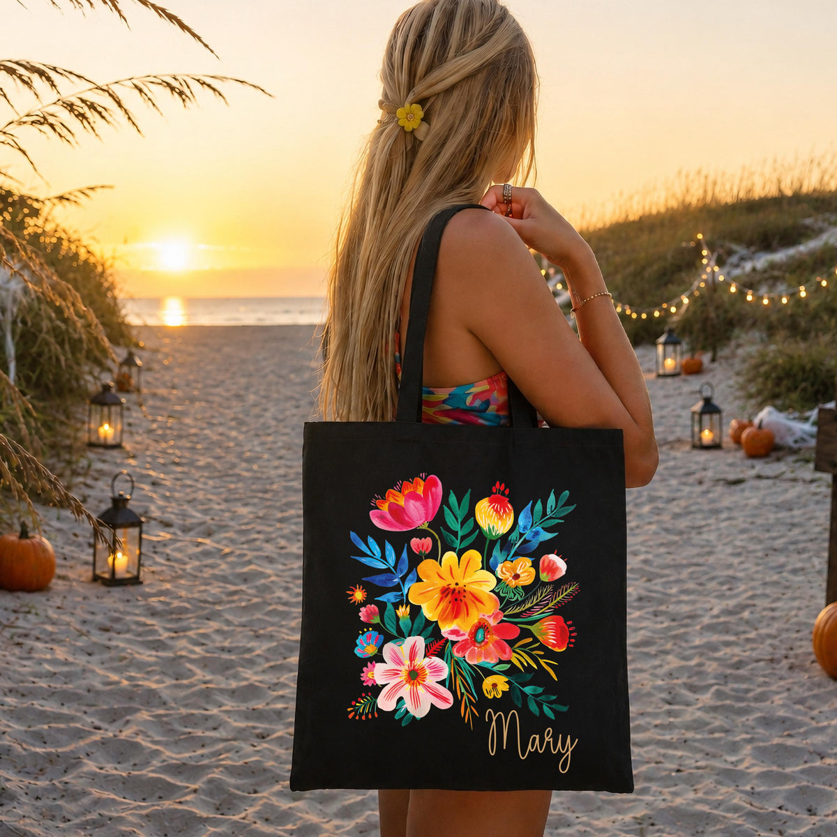 Personalized Colorful Floral Tote Bag