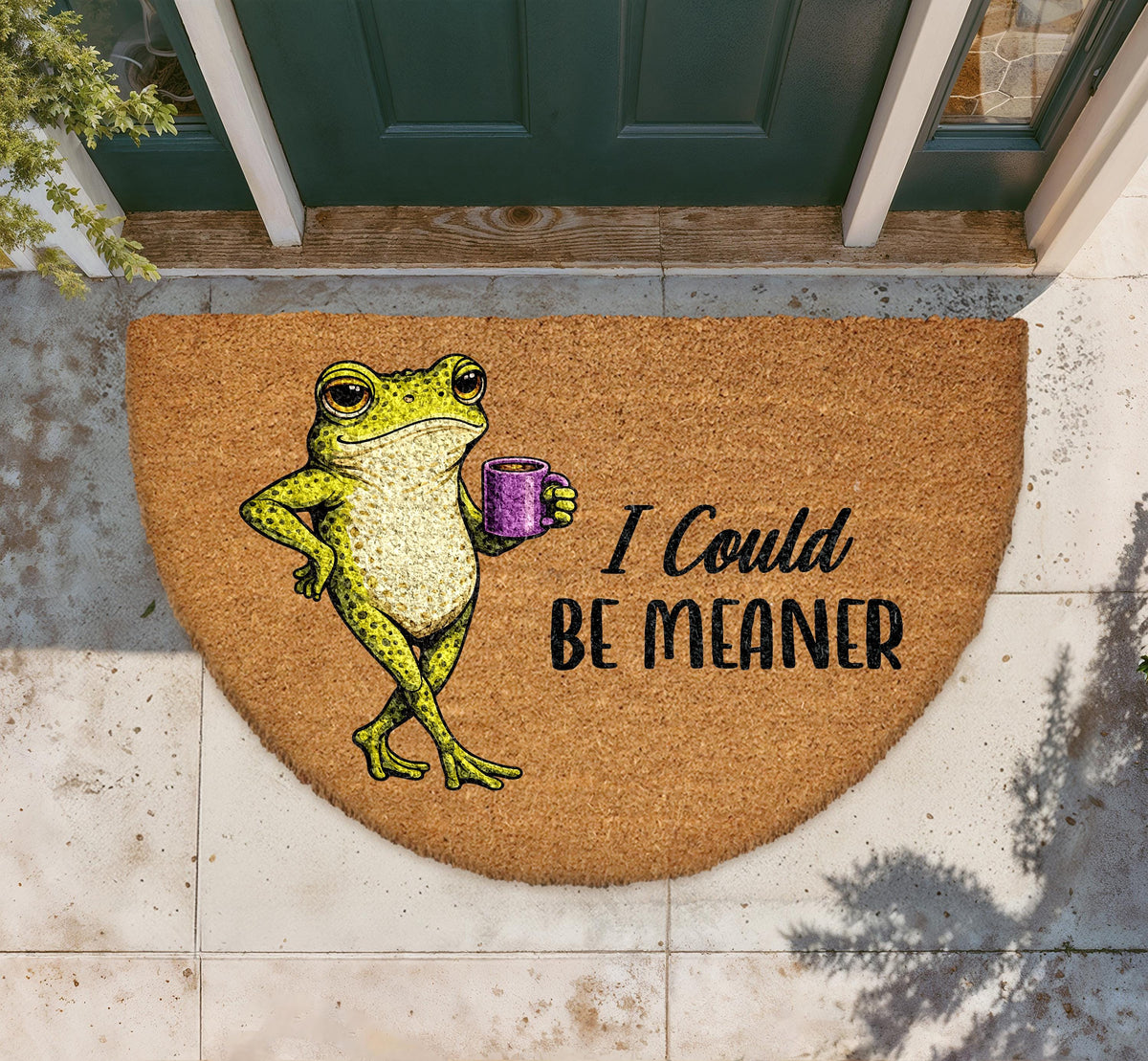 Funny Frog Doormat, "I Could Be Meaner" Welcome Mat, Natural Coir Porch Decor