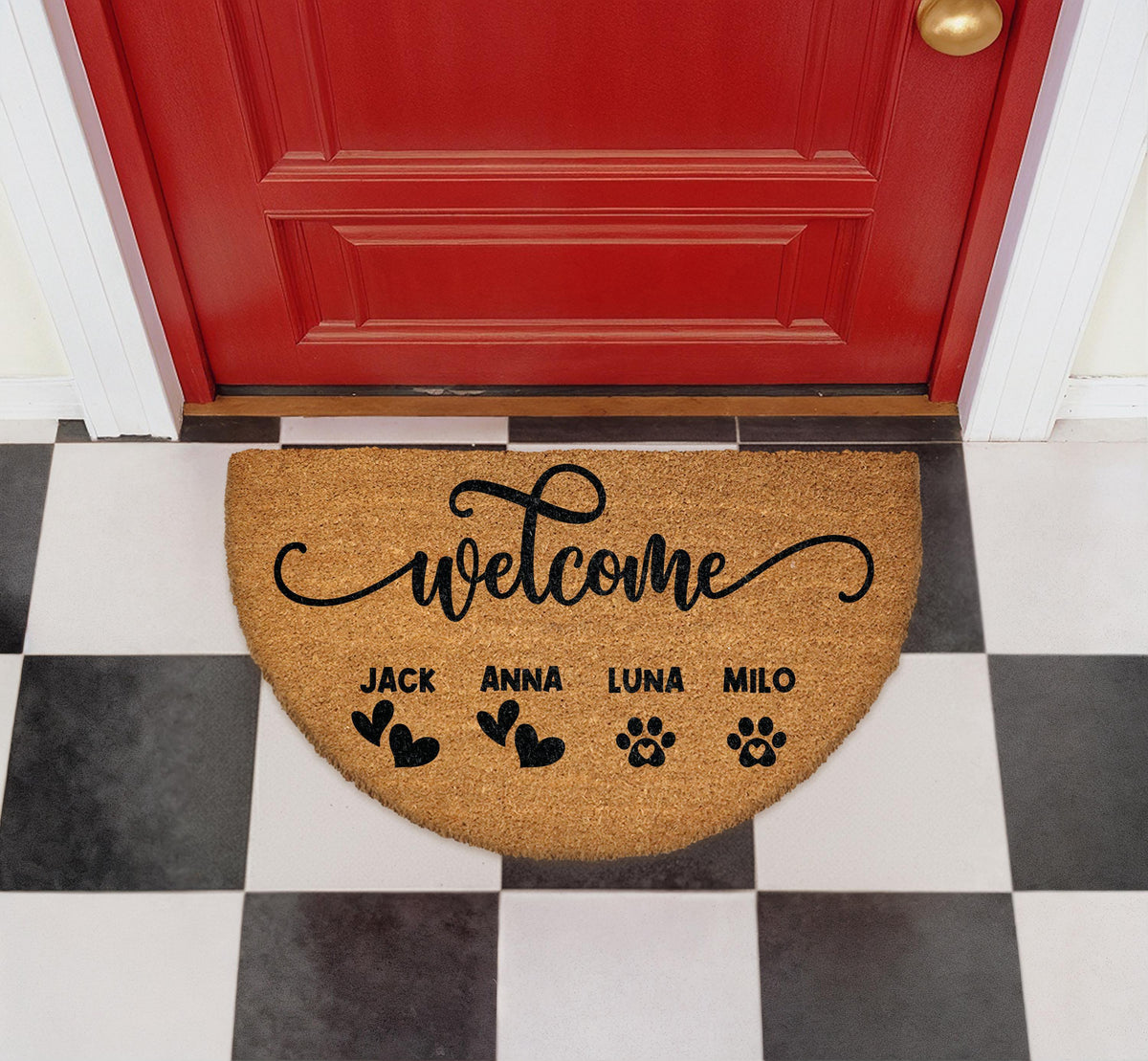 Personalized Pet Family Welcome Mat, Custom Names, Farmhouse Porch Decor, Realtor Gift