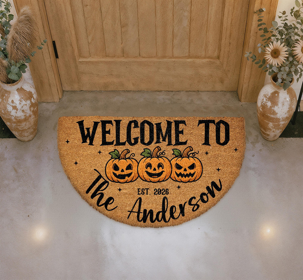 Custom Halloween Doormat, Personalized Family Pumpkin Welcome Mat