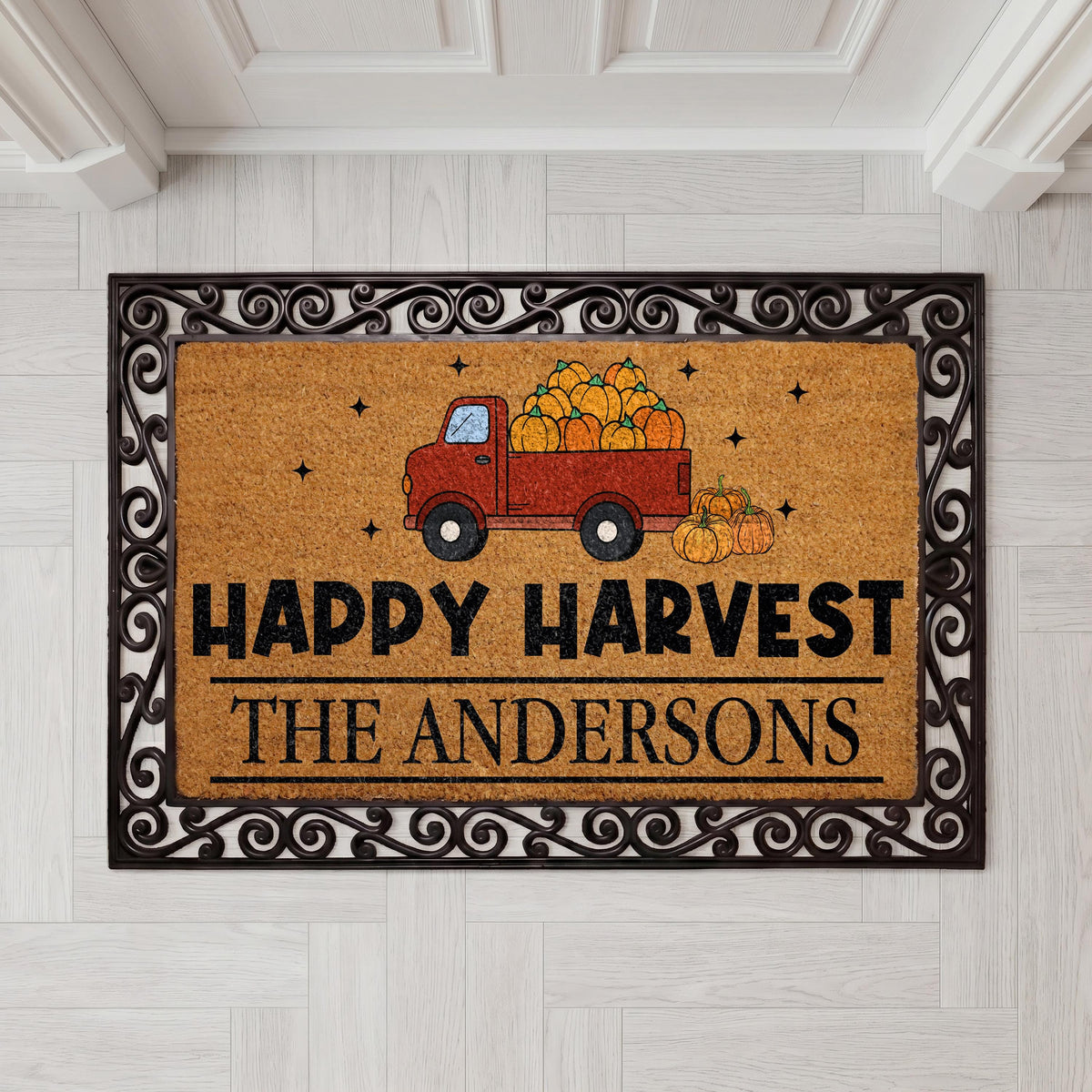 Personalized Happy Harvest Doormat, Interchangeable Fall Farmhouse Decor