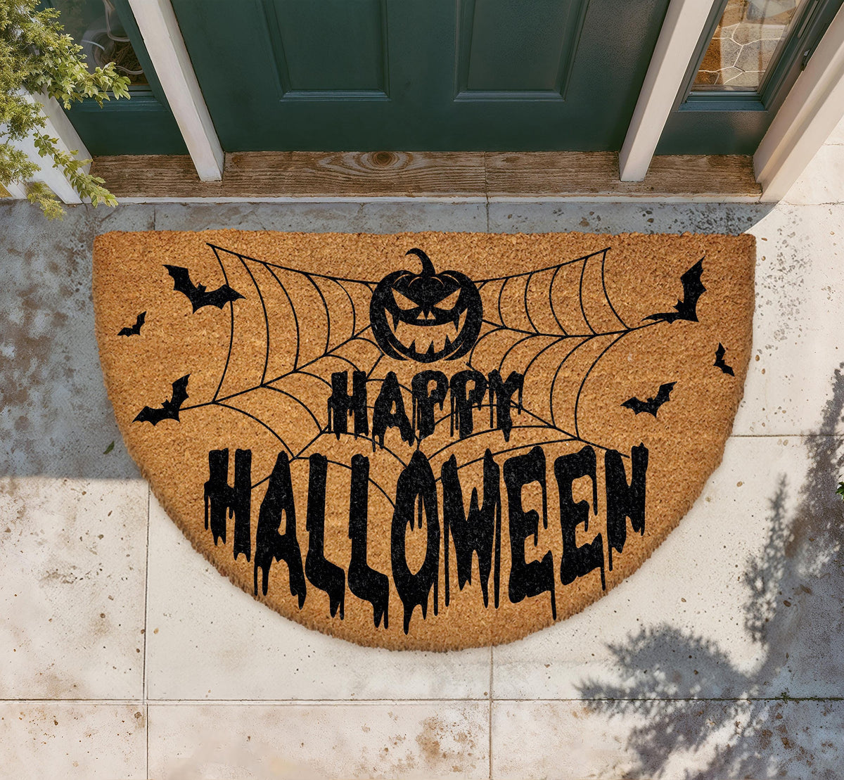 Happy Halloween Half-Moon Doormat, Pumpkin Bats Spider Web Porch Decor