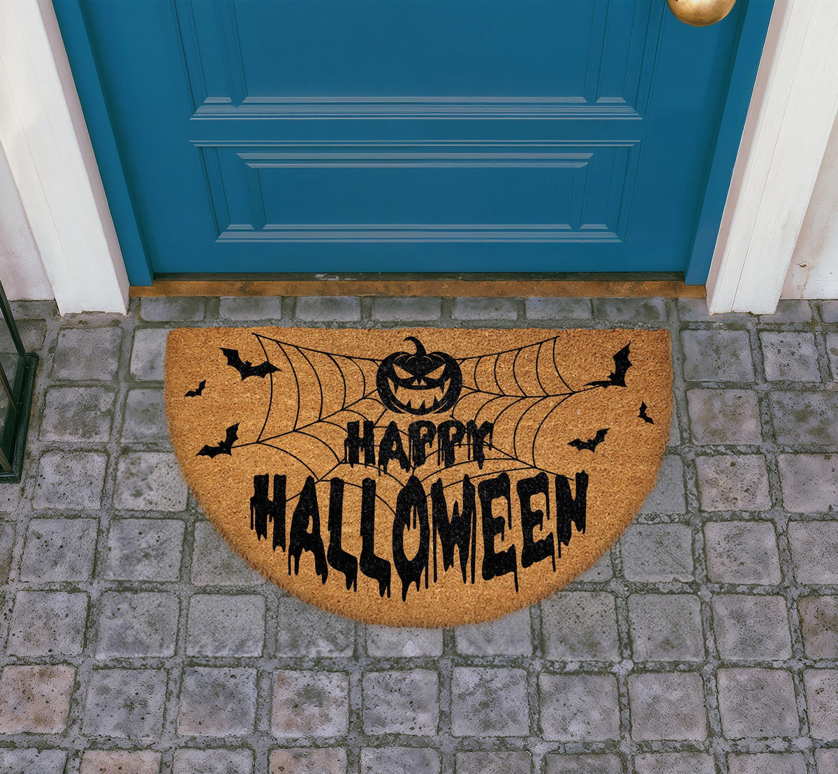 Happy Halloween Half-Moon Doormat, Pumpkin Bats Spider Web Porch Decor