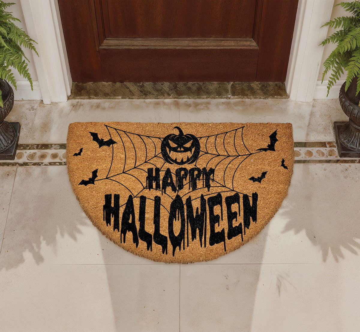 Happy Halloween Half-Moon Doormat, Pumpkin Bats Spider Web Porch Decor