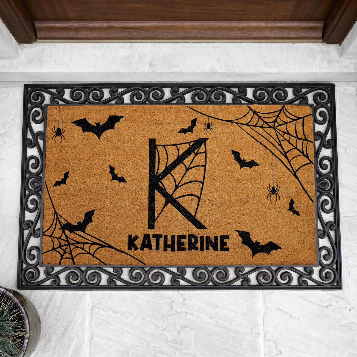 Custom Halloween Doormat, Spider Webs Bats Monogram Welcome Mat