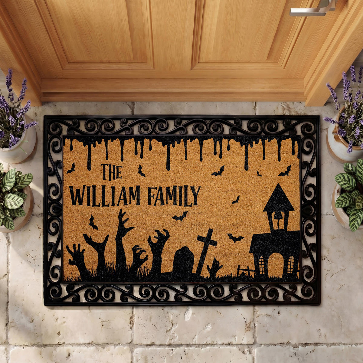 Custom Spooky Cemetery Interchangeable Doormat, Personalized Halloween Welcome Mat, Graveyard Decor