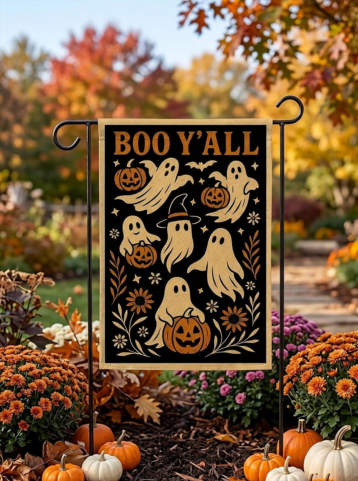 Retro Boo Y'all Ghosts Halloween Garden Flag, Spooky Season Yard Decor