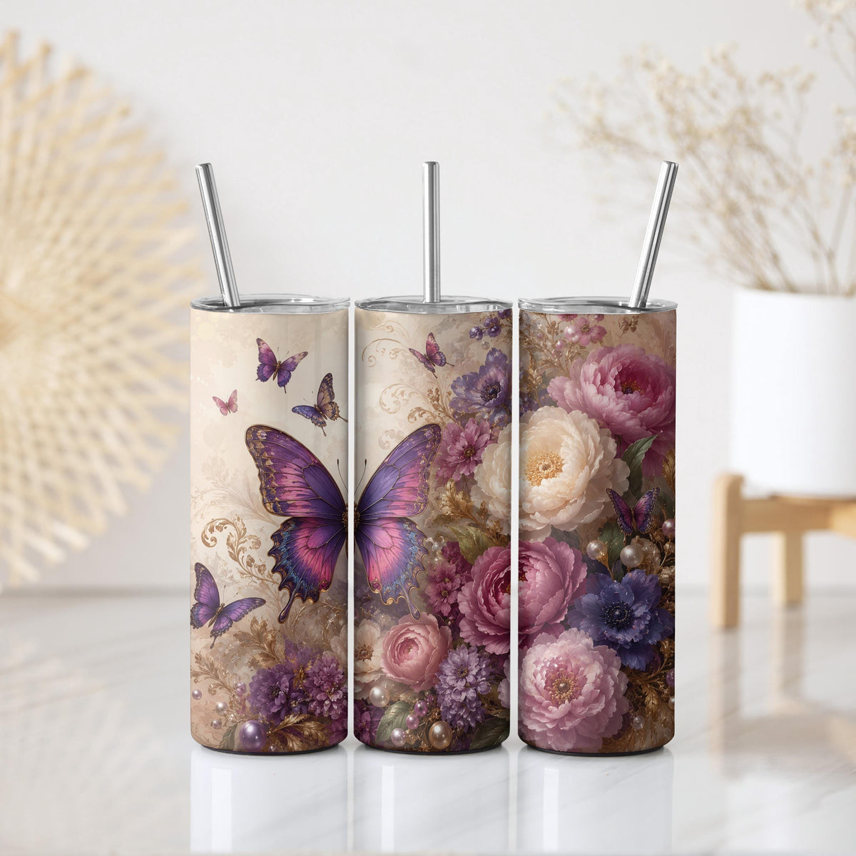 Aesthetic Floral Butterflies and Roses Insulated Travel Cup Tumbler